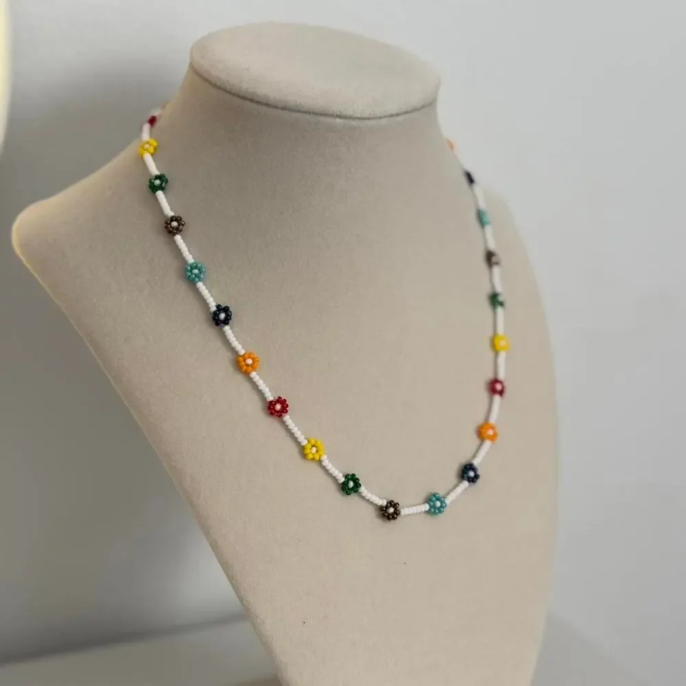Handmade Beaded Necklace Colorful Flower Beads Floral Jewelry Unique Gift - Picture 3 of 4